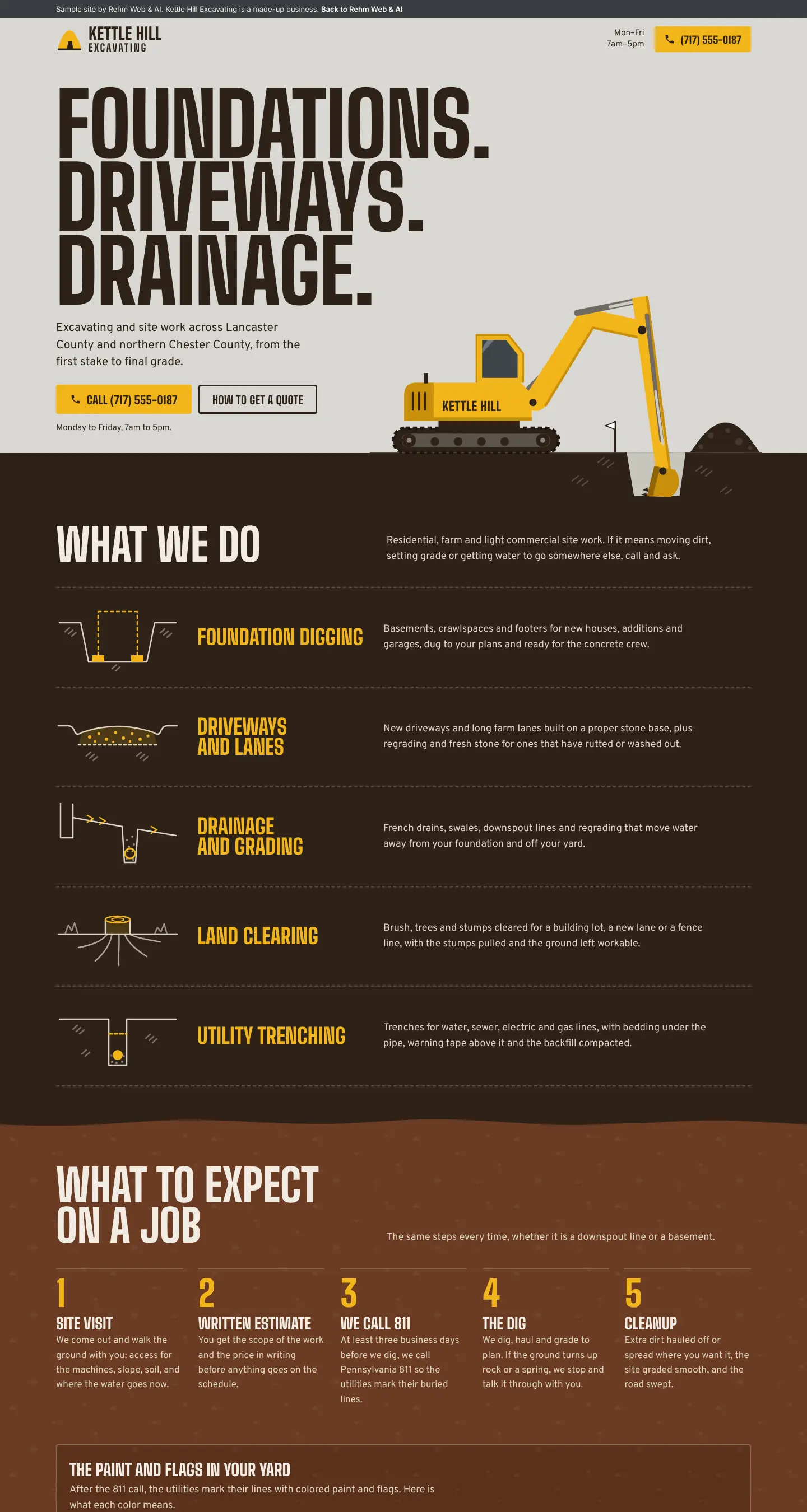 The Kettle Hill Excavating sample site on a desktop screen: a drawn excavator, its services and a call button.