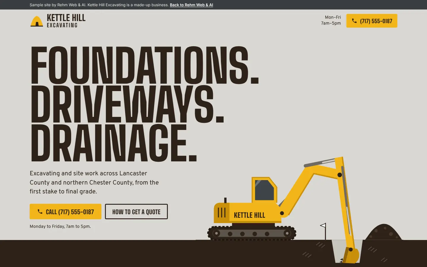 Kettle Hill Excavating sample site, first screen on a desktop.