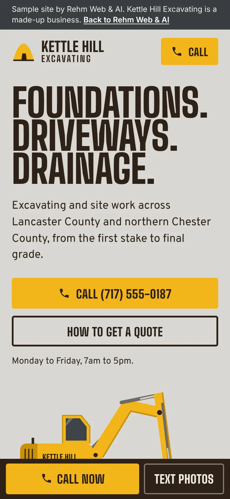 The same sample site on a phone, with the call button at the top.