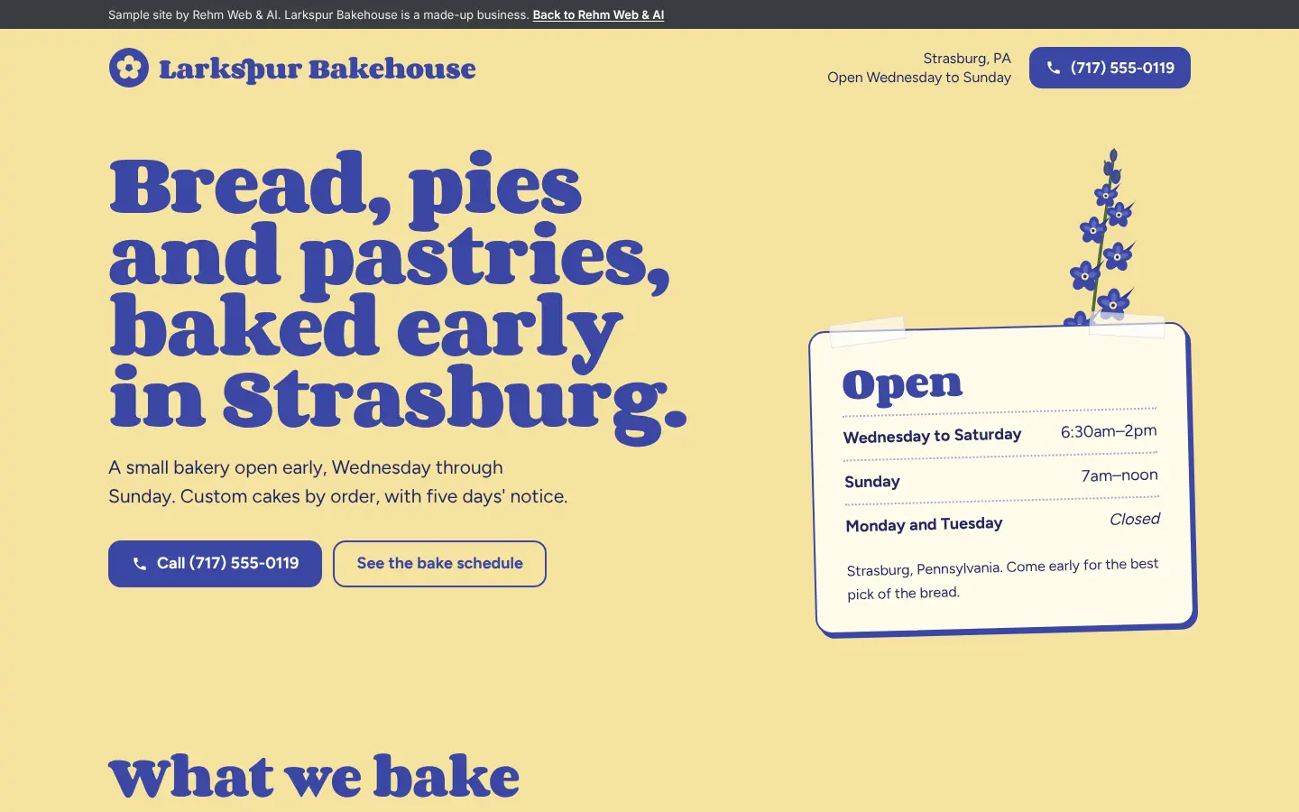 Larkspur Bakehouse sample site, first screen on a desktop.