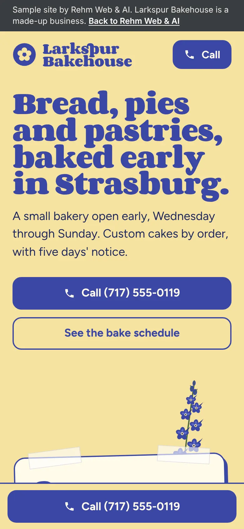 Larkspur Bakehouse sample site on a phone.